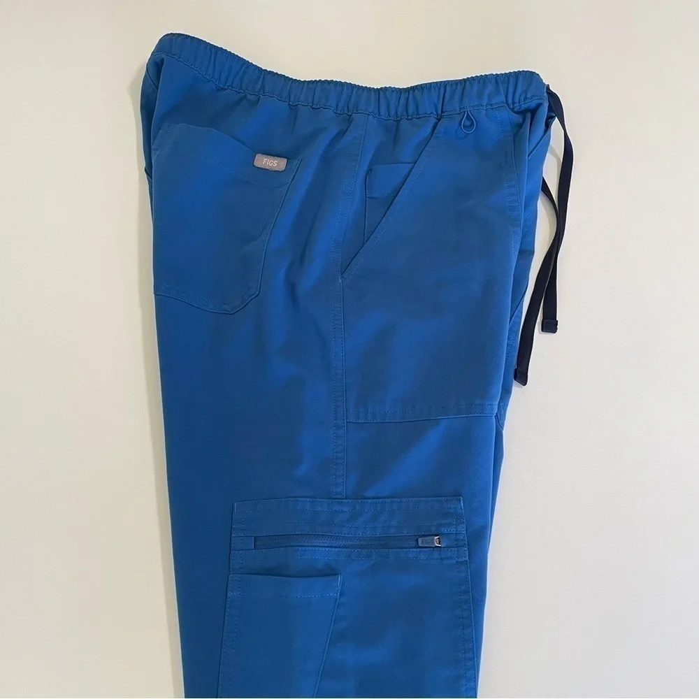 Figs Cairo Cargo Scrub Pants Drawstring Zip Fly Nine Pockets Royal Blue XS